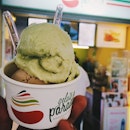 Hazelnut with green apple icecream in the midst of a hawker centre