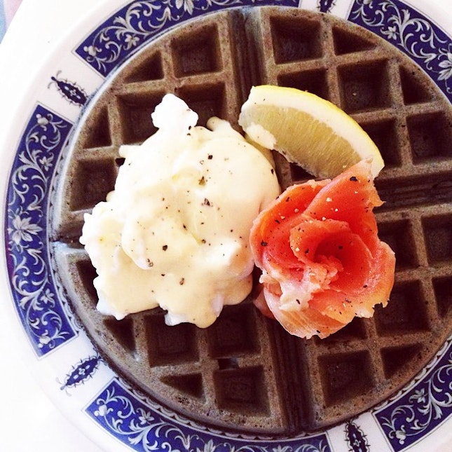 Squid Ink Waffle with Smoked Salmon