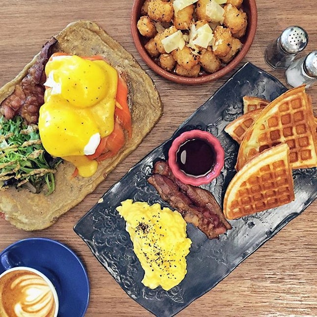 Eggs Benedict with Smoked Salmon & add-on Bacon, Truffle Tater Tots, Breakfast Waffle with Scrambled Eggs & Bacon.