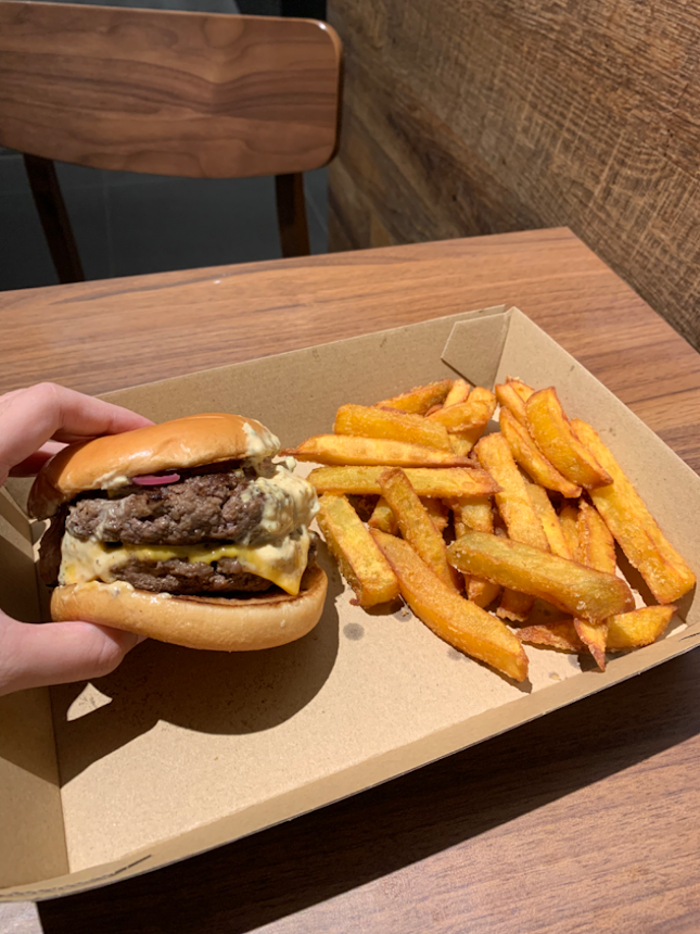 2280 Burger - Double Patty ($13.50) and Sweet Potato Fries ($6)