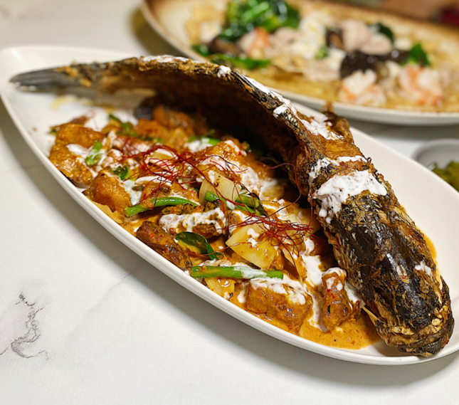 Crispy fish with Chef Joel’s red curry sauce ($22/golden snapper fillet, $38/whole barramundi).