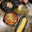 Crabmeat riceball, chicken stew, bacon kimchi egg roll 