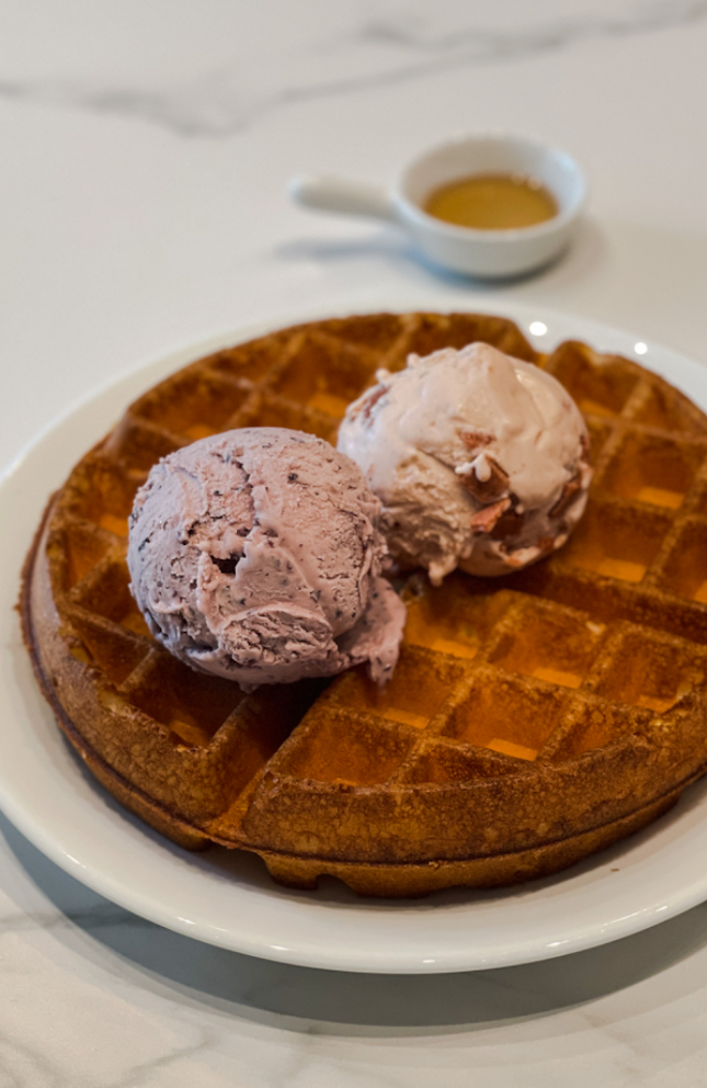 Waffle with Pulut Hitam Gelato (Foreground) and Haw Ah Gelato (Background)