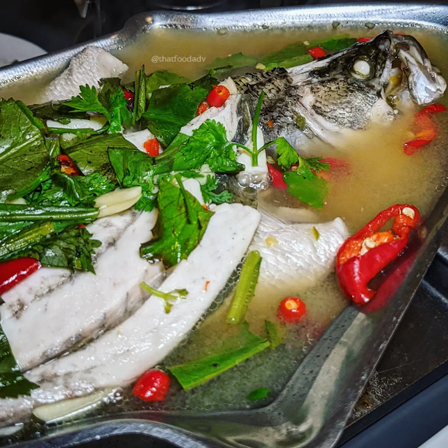 Steamed seabass with chilli and lime juice ($28)