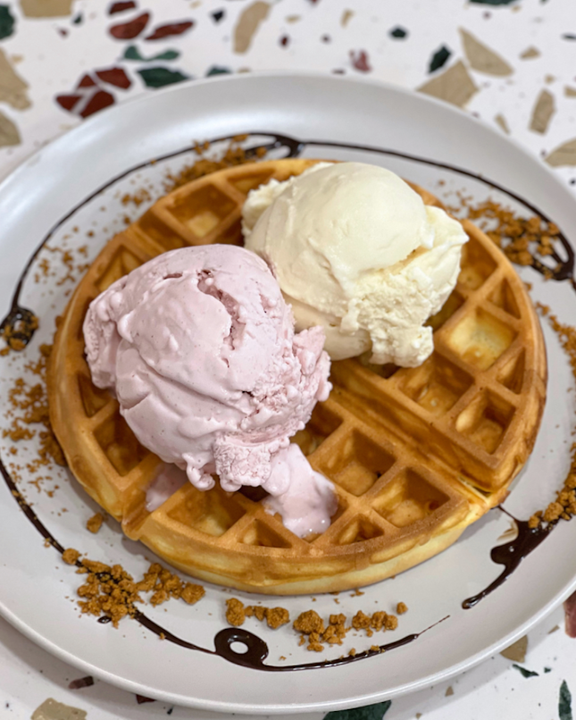 Love Letter Waffle with Strawberry & Cream and Toasted White Chocolate Ice Cream