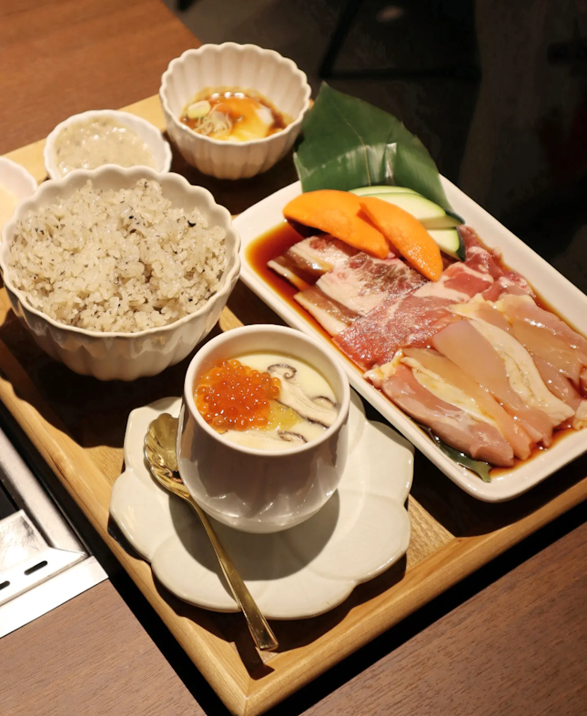 Karubi, Pork Collar & Chicken Set // Signature All Dips Platter // Truffle Rice // Ikura Chawanmushi 