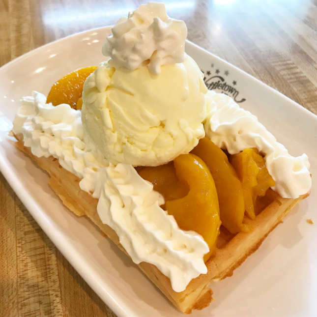 Waffle A La Mode [Served With A Scoop Of Vanilla Ice Cream & Peach Topping] @WaffleTownsg | 1 West Coast Drive | @NEWestFnB #01-106.