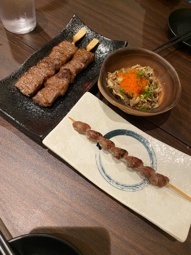 Wagyu beef, cold beef and chicken heart skewer