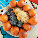 Sweet Potato Balls with Peanut Muah Chee and Black Sesame Muah Chee Platter ($7)