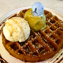 Creme Brulee + Roasted Pistachio ice cream on Pandan Waffle