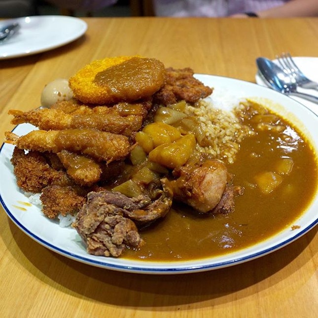 Massive Japanese Katsu Curry ($19.80) comprising Pork Loin (Hire), Chicken Katsu, Breaded Prawn, Chicken Karaage, Potato Croquette.
