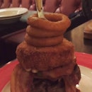Pulled the 'sword' outta that @SpathePublicHouse Mac & Cheese Burger--beef patty, cheddar cheese, bacon and gherkins between two fried Mac & Cheese 'buns', then topped with onion rings--and now, I AM KING!