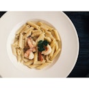 Seafood penne rigate with soybean-infused cream sauce