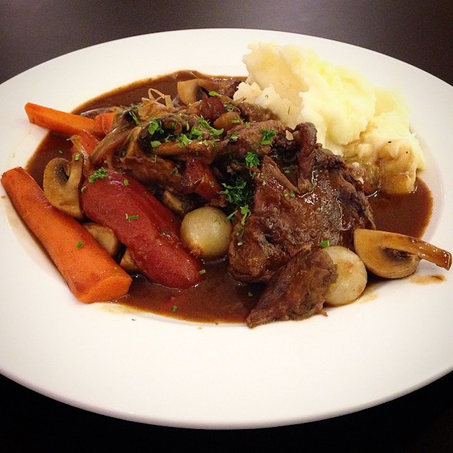 Beef bourguignon ($19): beef shin braised in red wine, served with carrots, smoked bacon, mushrooms and mashed potato.