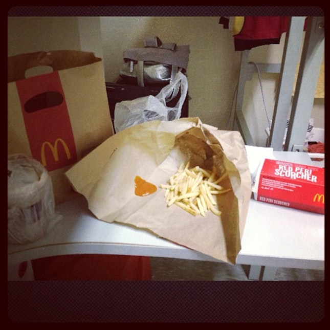 Having my dinner with McDonald
Frappe Caramel,fries,Red Peri Scorcher..
