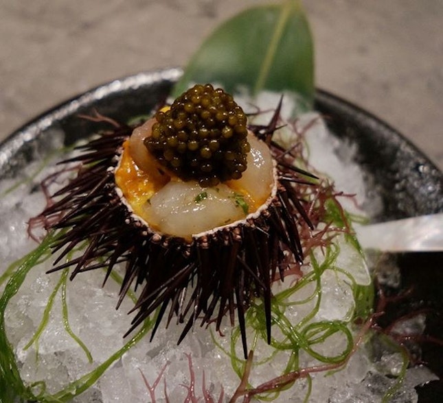 This amazing dish just melts in your mouth and it’s sweetness just leaves you wanting more: Uni on the rocks 😍 with Marinated Botan shrimp and Oscietra caviar