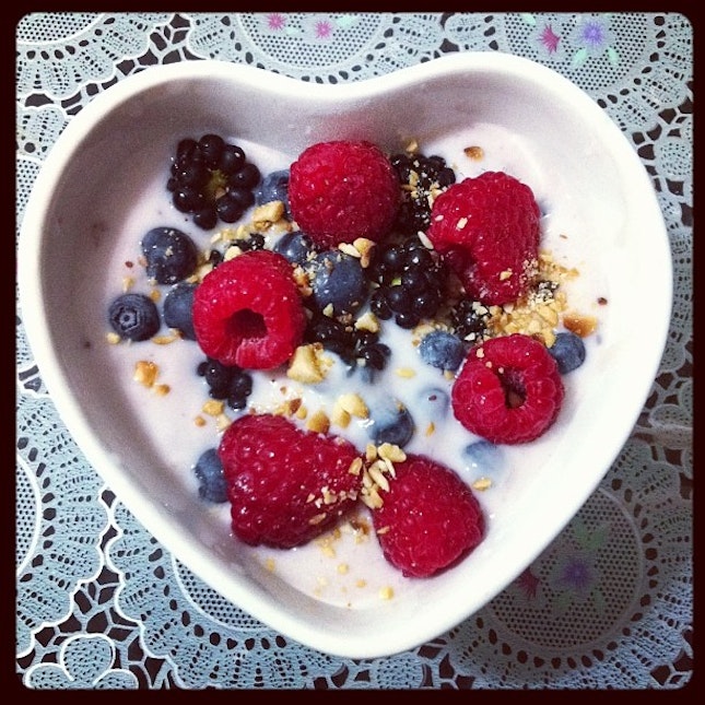 my comfort food :) #nomnomnom #fruit #berries #raspberries #blueberries #blackberries #yogurt #dessert