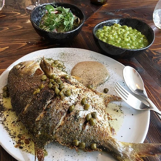 Brown butter, capers, burdock purée, and a very well-executed local pomfret.