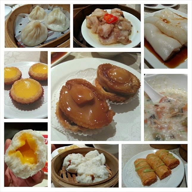 From top left: Shanghai Meat Dumplings aka Xiao Long Bao ($5.80), steamed spare ribs with black bean sauce ($5.80), Steamed Flour Rolls with Shrimps ($6.80), Salted Pork with century egg congee ($8.20, Pan-fried Wasabi Shrimp Rolls in beancurd skin ($6.20), Steamed Barbecued Pork Buns ($5.50), Egg custard buns ($5.80), Mini Egg Tarts ($5.50) & Baked South African Abalone Puff ($9.80/piece).