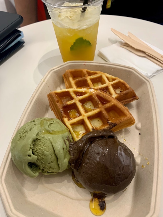 Oomph! waffles with double scoop gelato