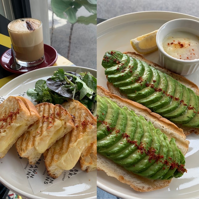 Grilled Cheese Melt sandwich ($15.80) x Avocado Toast with slow cooked egg ($13.50)