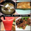 Dinner 🙆 #tomyumsoup #watermelonlime #basilchicken #otah #thaiexpress #thailand #asian #food #dinner #haha #somanyhashtags