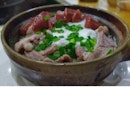 Claypot rice w beef, egg and lap cheong
