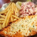 Ebiko Mozzarella White Fish served with chips and coleslaw!
