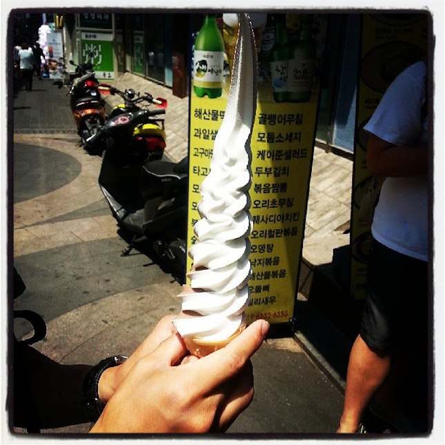 Really tall ice cream bought at the streets of myeong-dong!