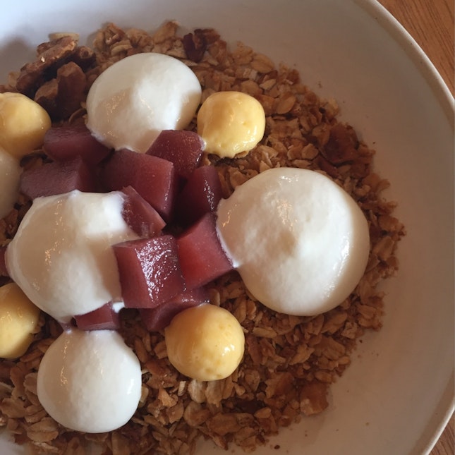 Poached Pear With Lemon Curd And Grains