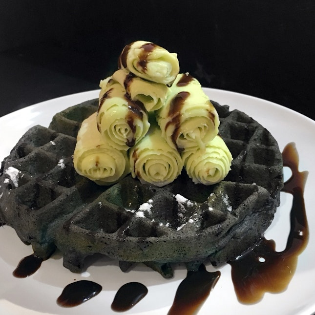 Charcoal Waffle With Ice Cream Roll