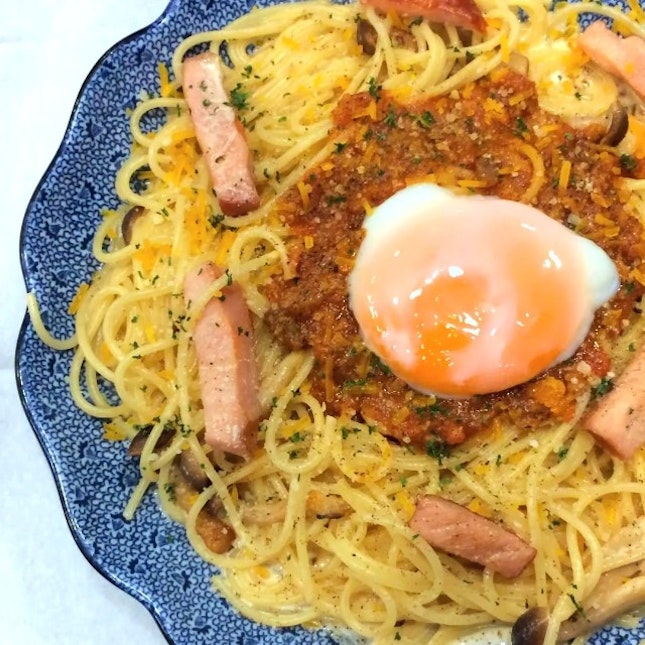 Japanese style carbonara with onsen eggs.