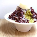 Matcha and Red Bean Snowflake Ice with Panna Cotta.