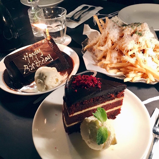 Red Velvet Cake, Double Chocolate Blackout Cake, Truffle Fries