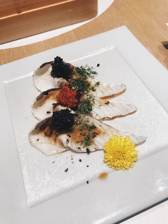 Aburi Kampachi Belly Topped With Caviar And Salmon Roe