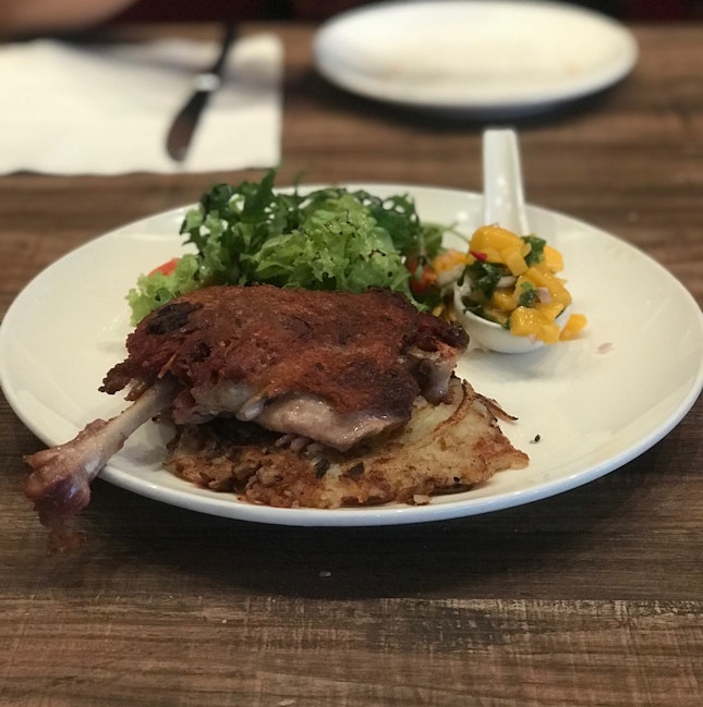The Duck Confit On Apple Rosti, Tangy Mango Relish ($24.90)