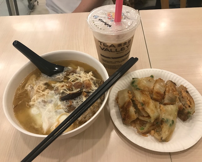 Mushroom Noodles + Chicken Floss Snack + Honey Milk Tea ($17.70)