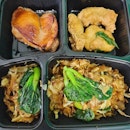 Fried kway teow with mixed vegetables, Char siew roast chicken, Stir fried fish with salted egg yolk ($5.20)!