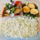 Egg fried rice, Sambal fish, Tofu and vegetables with garlic ($5)!