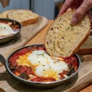 Skillet Baked Eggs with Bratwurst ($12.90)/ with Grilled Vegetables ($10.90)