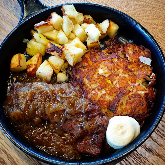 Signature Rosti with Flat Iron Steak and Oven Roasted Potatoes ($18.90)