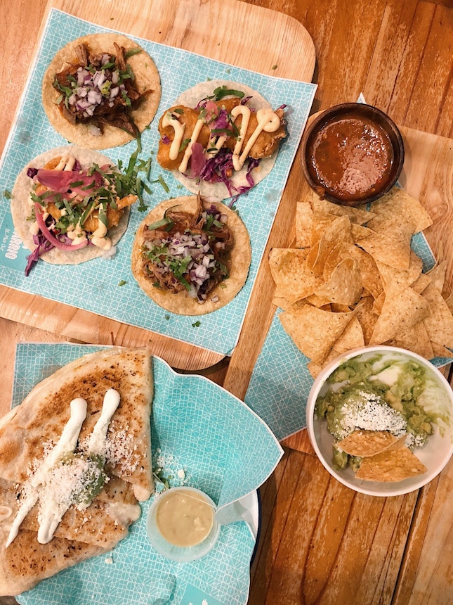 Tacos For One ($18), Chips, Guac and Salsa ($11), Quesadillas ($16)