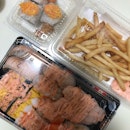 Sushi Platter $15.8, Mentaiko Fries $4.8 and Cheese Tobiko Shrimp Roll $4.5 (foodpanda)
