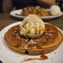 Salted Caramel Buttermilk Waffles with crushed candied cashew nuts & vanilla ice cream