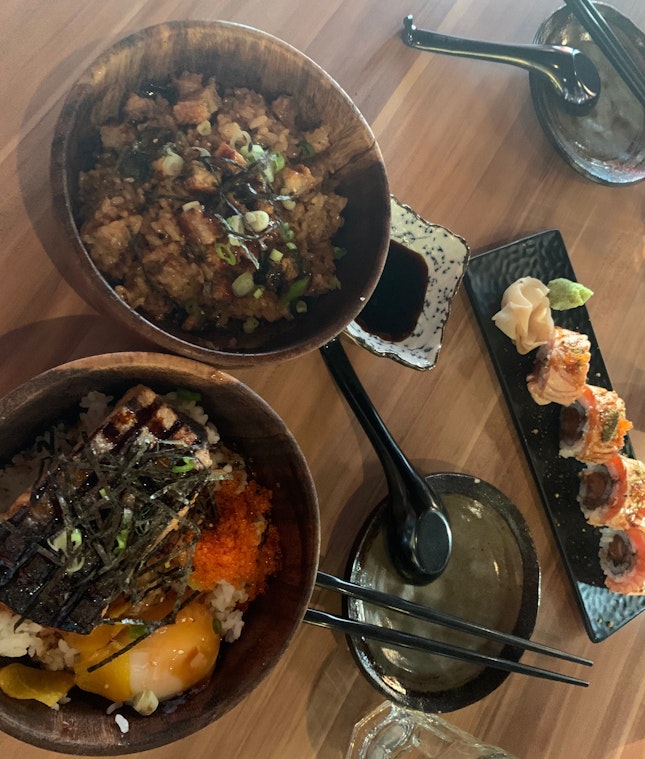 Unagi Fried Rice + Salmon Don + Aburi Salmon Yuzu Maki
