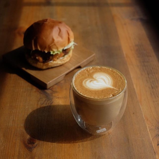 Clean and Nutty Latte (¥500) with Japanese Burger (¥280) .