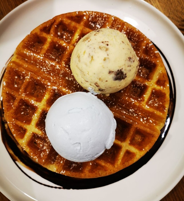 Brown Butter Waffle With Blue Pea Milk and Despicable Ice Cream