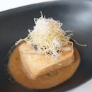 Home made tofu with foie gras – shiitake emulsion, bonito and leek