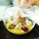 Passionfruit pudding with raspberry and Gianduja chocolate ice