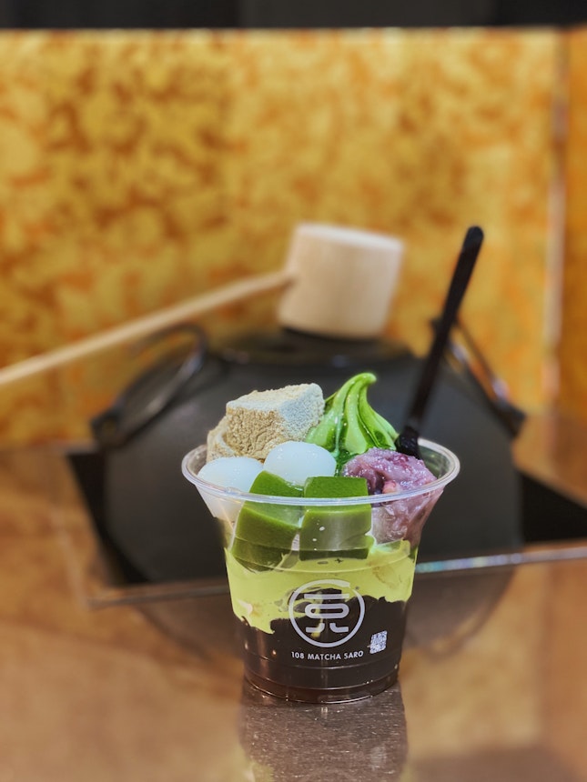 matcha parfait deluxe with white mochi, red beans, matcha jelly, soybean warabi mochi & brown sugar jelly